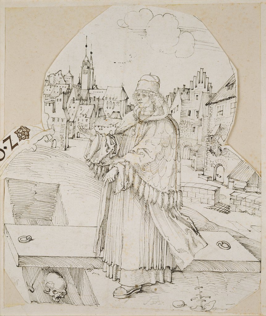 Scheibenriss mit Sixtus Tucher am offenen Grab, Albrecht Dürer;  Werkstatt