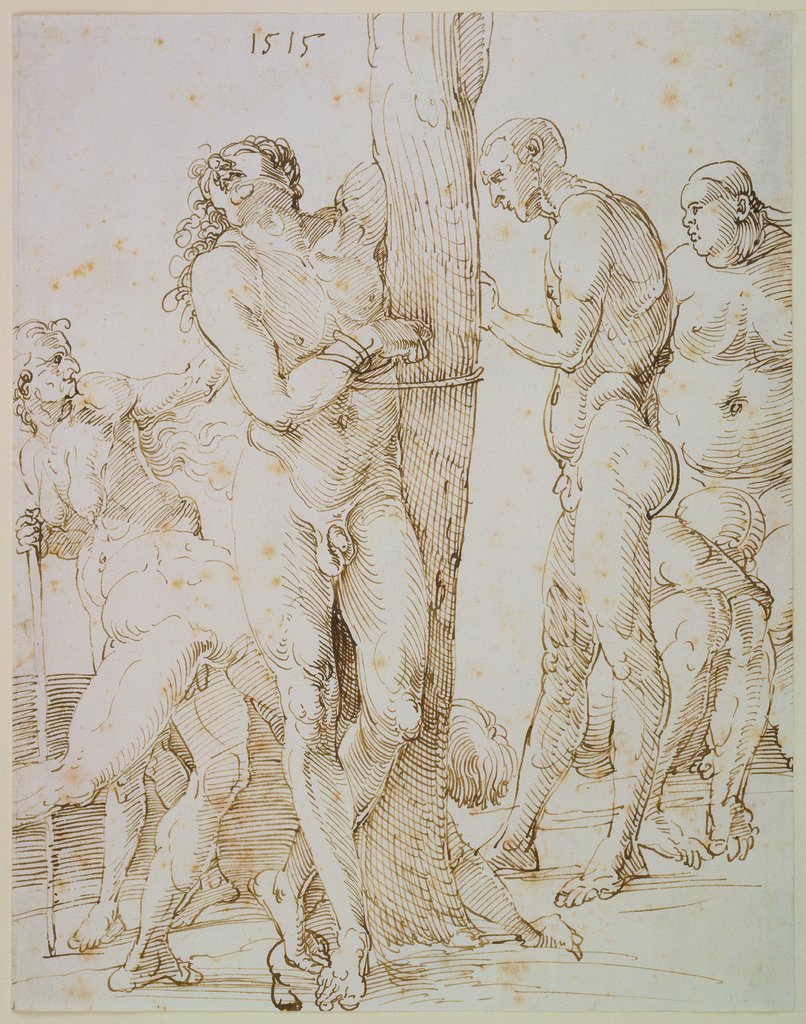 Sechs nackte Figuren, in der Mitte ein an einen Baum gefesselter Mann, Albrecht Dürer