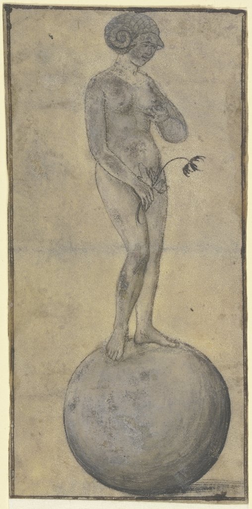 Stehende weibliche Aktfigur (Fortuna?) auf einer Kugel, in der Rechten einen Zweig haltend, Daniel Hopfer d. Ä.;   ?