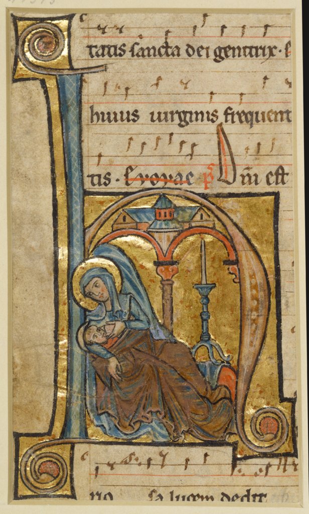 Initiale H: Maria gibt dem Jesuskind die Brust, Rheinisch, 13. Jahrhundert