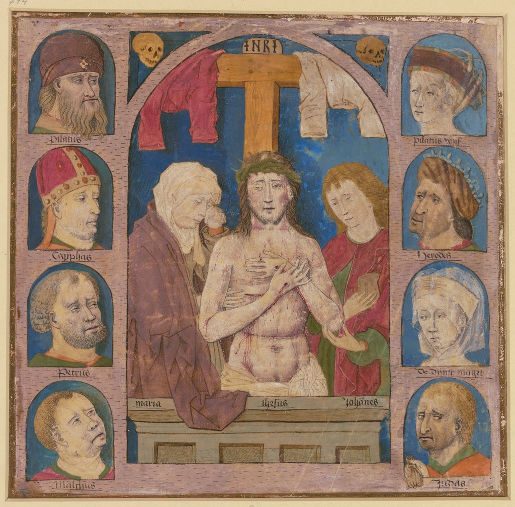 Christus als Schmerzensmann zwischen Maria und Johannes, rechts und links je vier Köpfe von am Passionsgeschehen Beteiligten, Martin Schongauer;  imitator