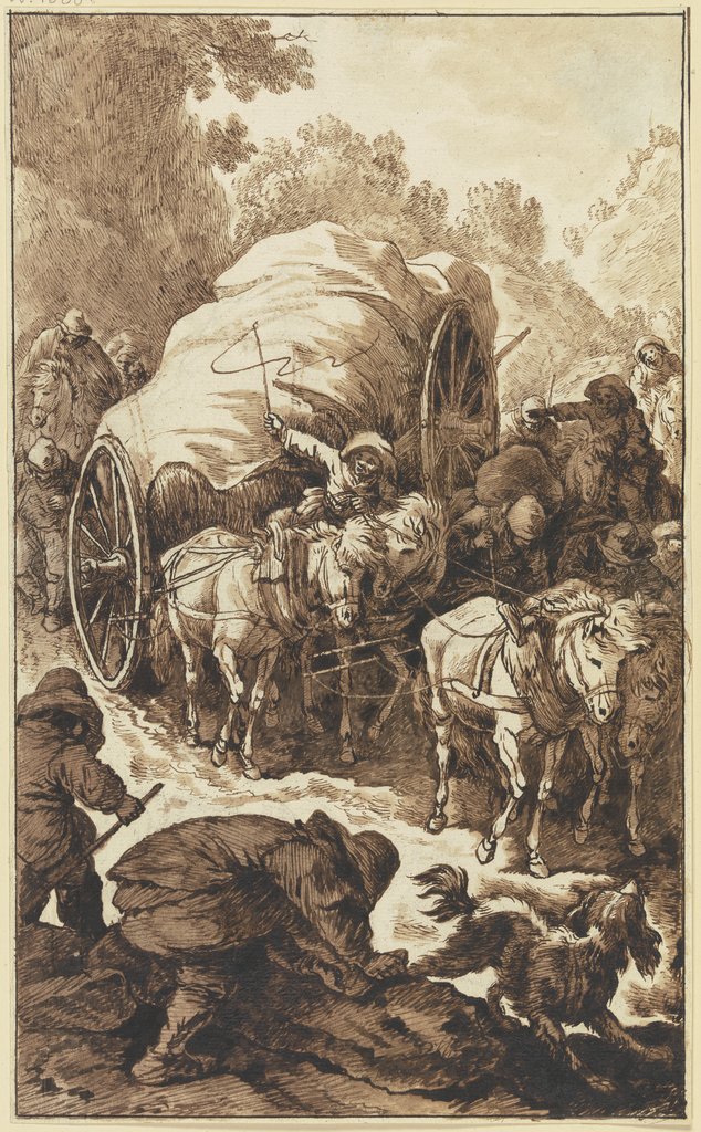 Ein hochbepackter, von vier Pferden gezogener Wagen kommt einen Gebirgsweg herab, Johann Albrecht Dietzsch
