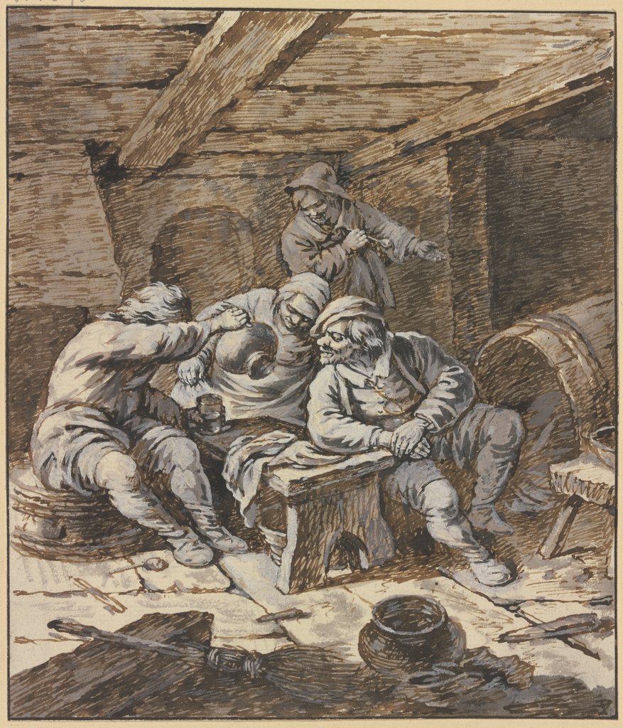 Drei zechende Bauern und eine Bäerin an einer Bank, Johann Albrecht Dietzsch