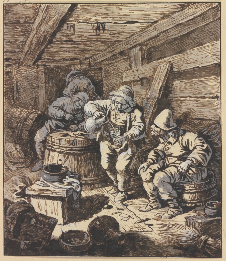 In einem niedrigen, holzverkleideten Raum mit Fässern sitzt rechts ein Bauer, nach seinem Kumpan schauend, der Wein einschenkt, Johann Albrecht Dietzsch