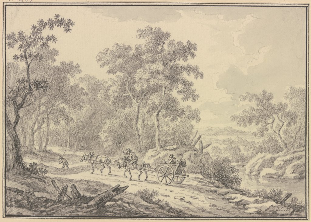 Auf einem Waldweg fährt ein zweirädiger Karren mit zwei hintereinander gespannten Pferden, Johann Christoph Dietzsch