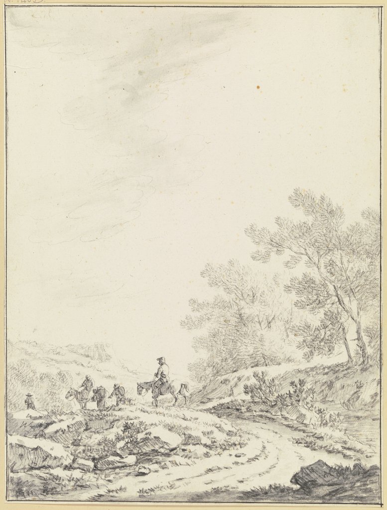 Breiter Weg mit Ausblick in eine offene Landschaft, rechts Buschwerk, links auf dem Weg zwei Reiter und drei Fußgänger, Johann Christoph Dietzsch