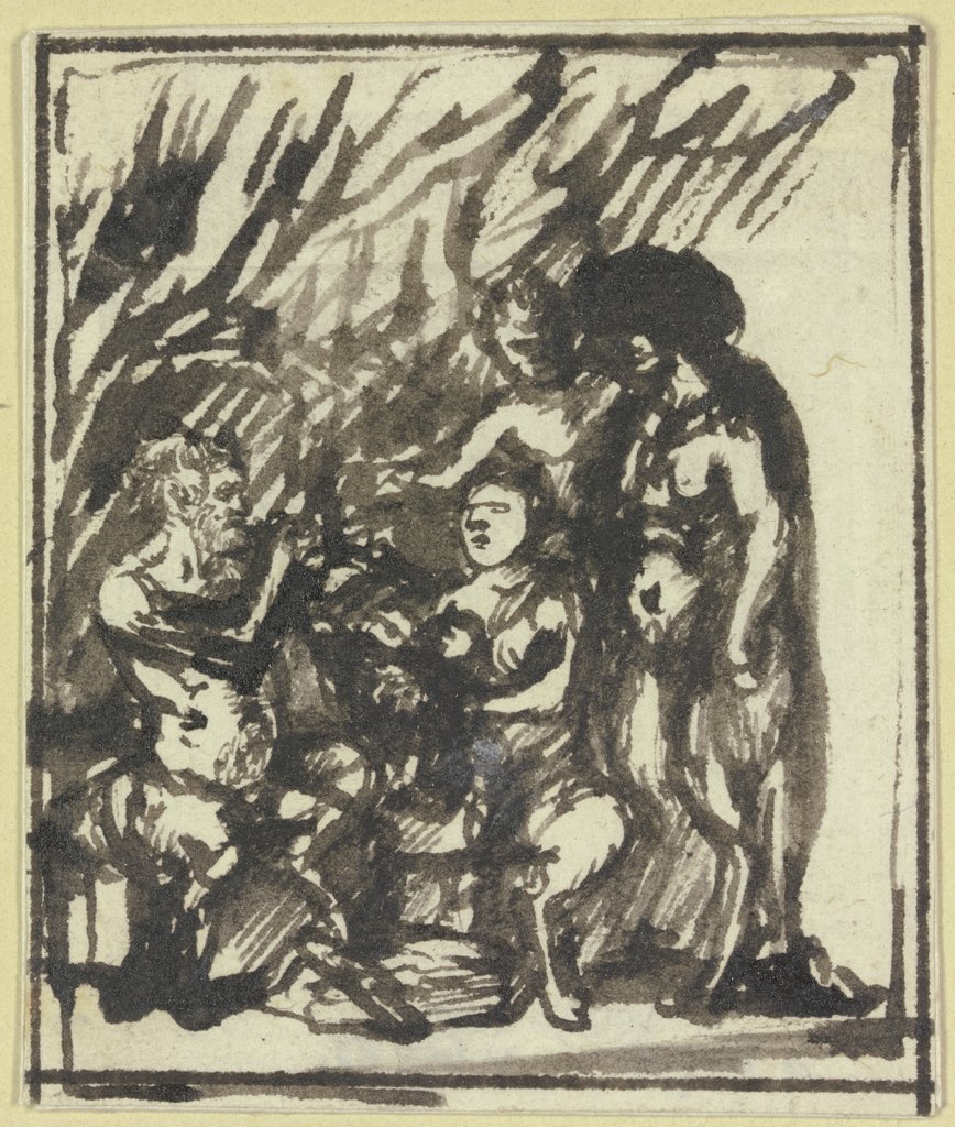 Gruppe von vier Satyrn, von denen einer Rohrpfeife spielt, Hendrik Goudt