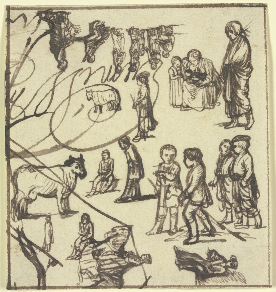 Studienblatt mit vielen kleinen Figuren, einem Reiter und zwei Kühen, Hendrik Goudt