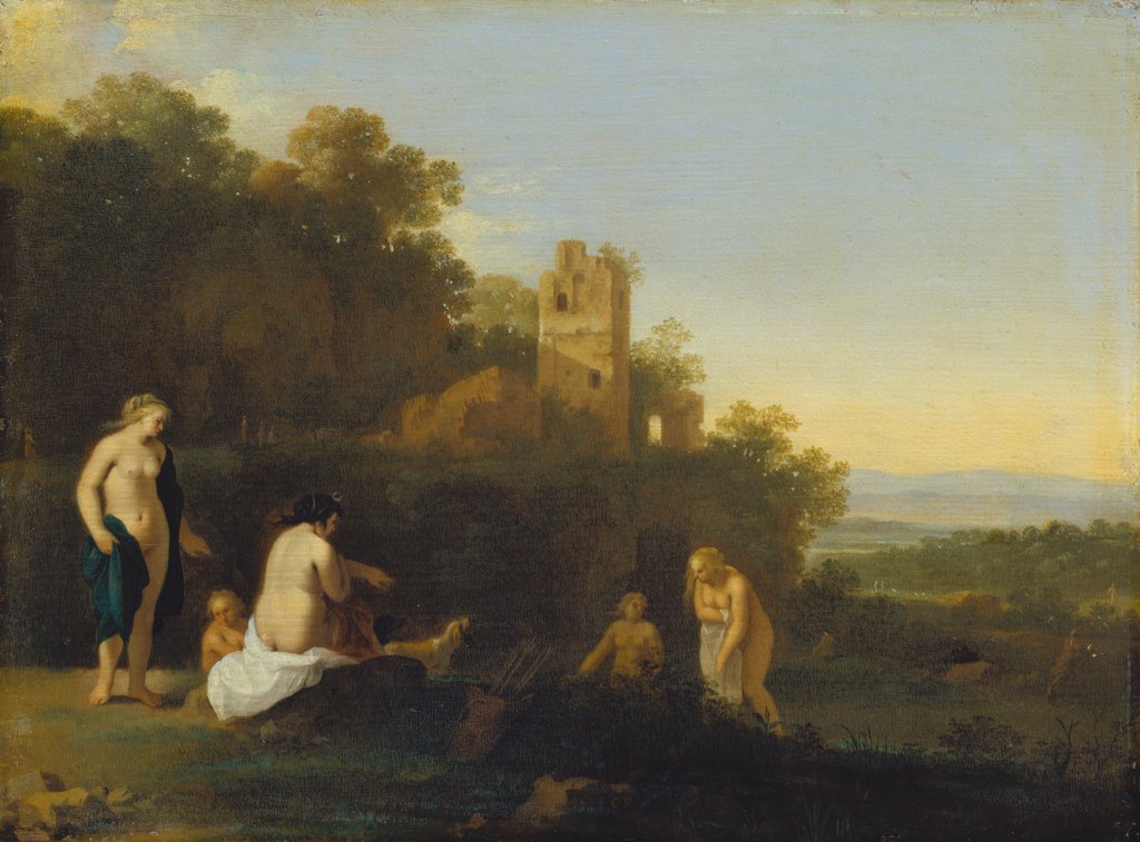 Landschaft mit der Entdeckung der Schwangerschaft der Callisto, Cornelis van Poelenburch;  Werkstatt