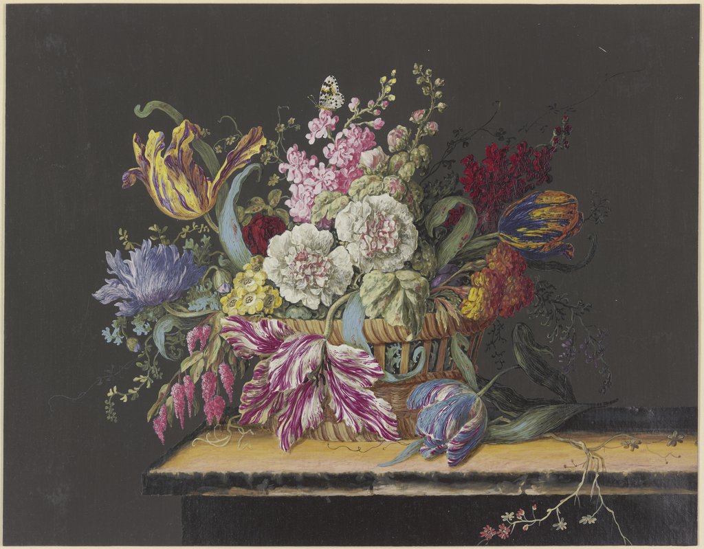 Blumenkorb mit Malven, Levkojen, Primeln, Tulpen und anderen Blumen auf einem Tisch, Deutsch, 18. Jahrhundert, Barbara Regina Dietzsch