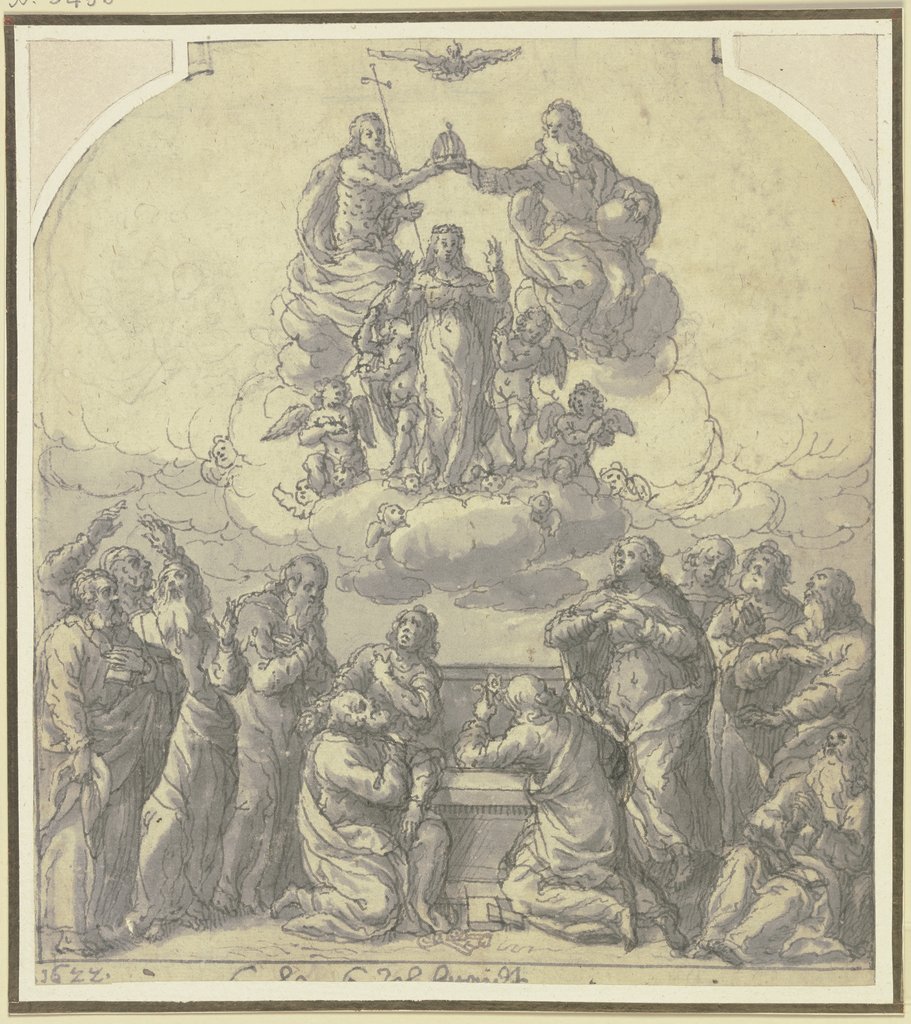 Himmelfahrt und Krönung der Maria., unten am Grabe die Jünger, Süddeutsch, 17. Jahrhundert