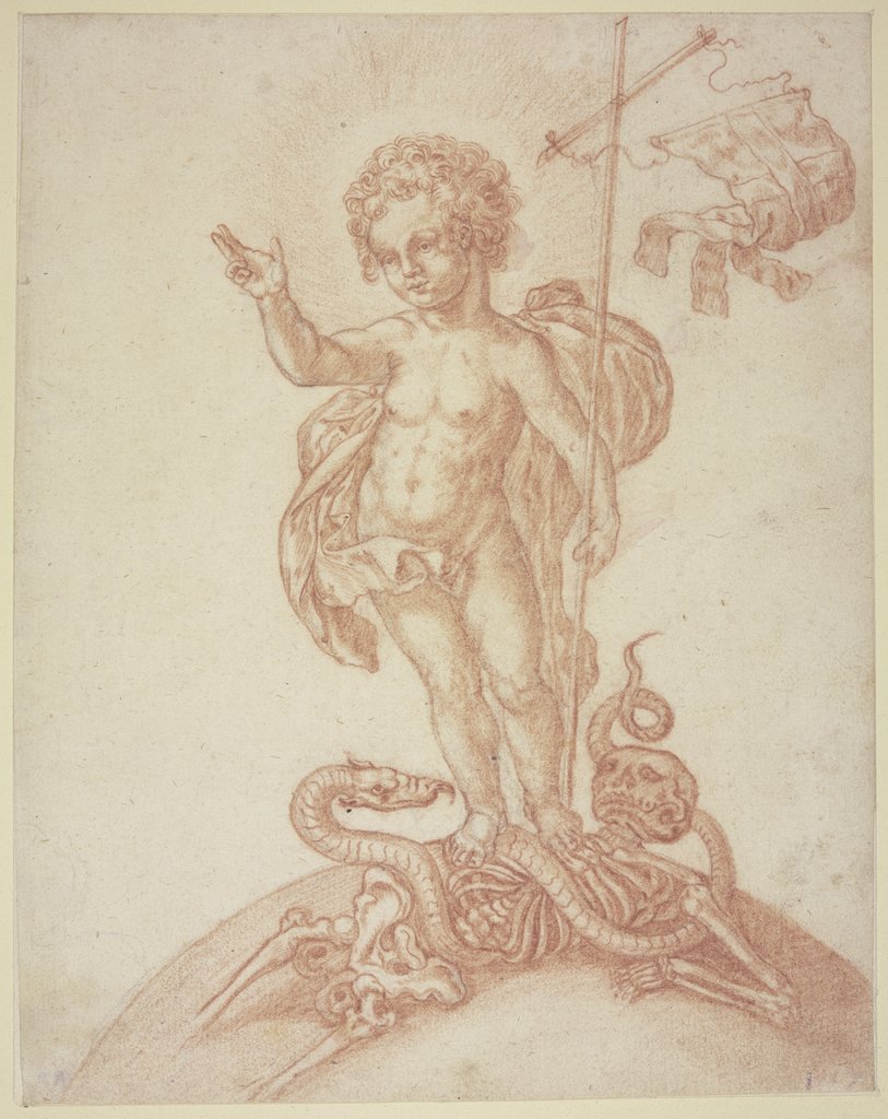 Das segnende Christuskind mit der Siegesfahne auf einem Skelett und der Paradiesschlange stehend, Deutsch, 17. Jahrhundert