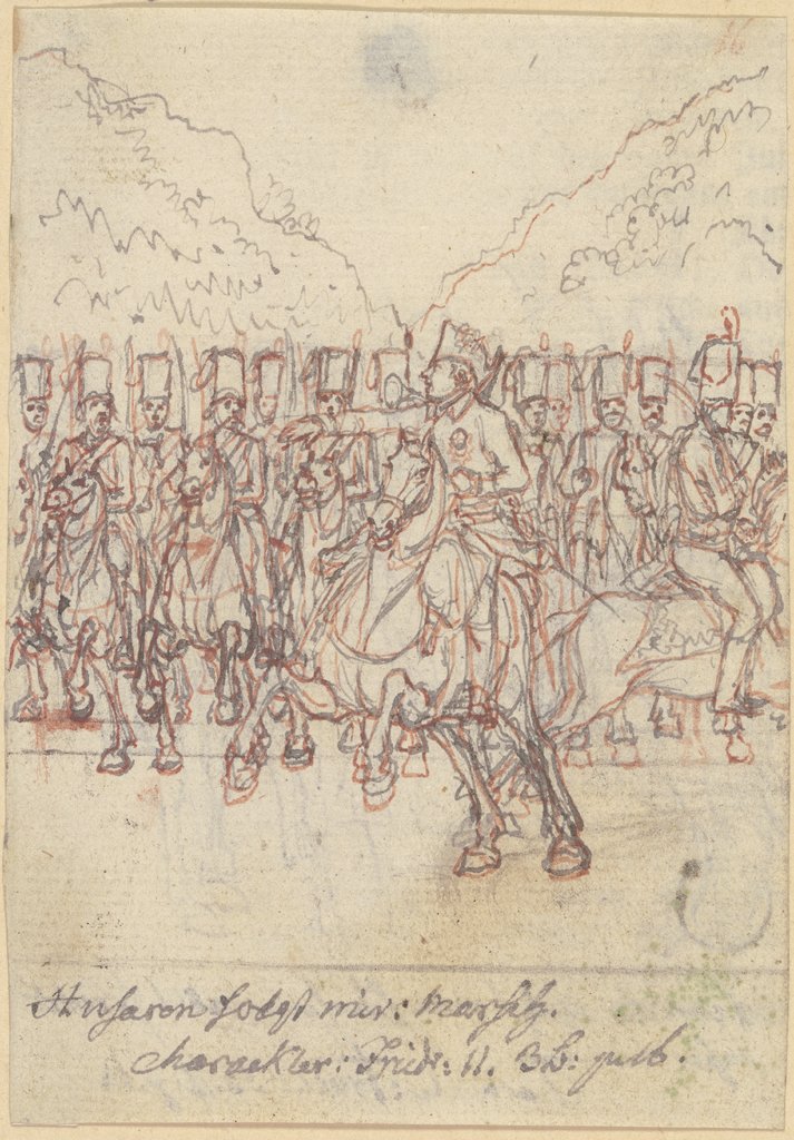 Friedrich der Große zu Pferde vor einer Gruppe von Husaren, Daniel Chodowiecki
