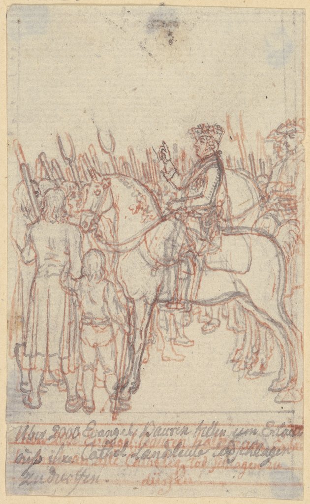 Friedrich der Große zu Pferde, im Profil nach links, Daniel Chodowiecki