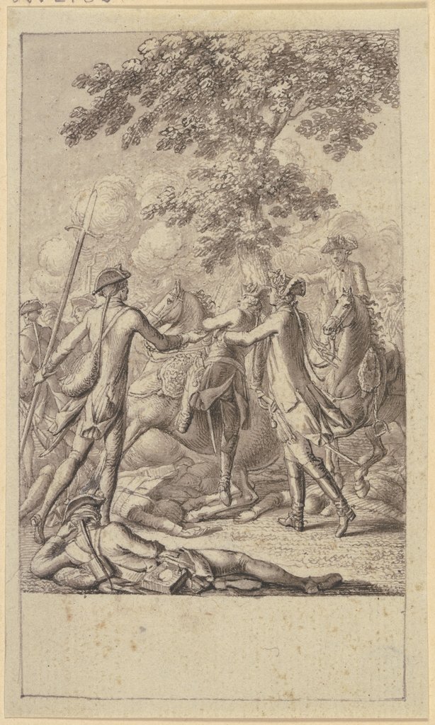 Zwei Soldaten helfen Friedrich dem Großen von einem zusammensinkenden Pferd, Daniel Chodowiecki