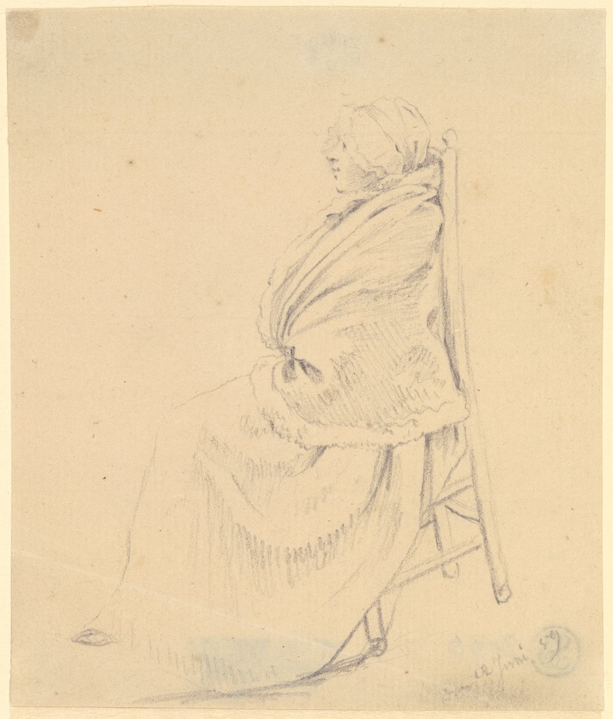 Junge Frau mit Haube und Umhang, auf einem nach vorne gekippten Stuhl sitzend, Daniel Chodowiecki
