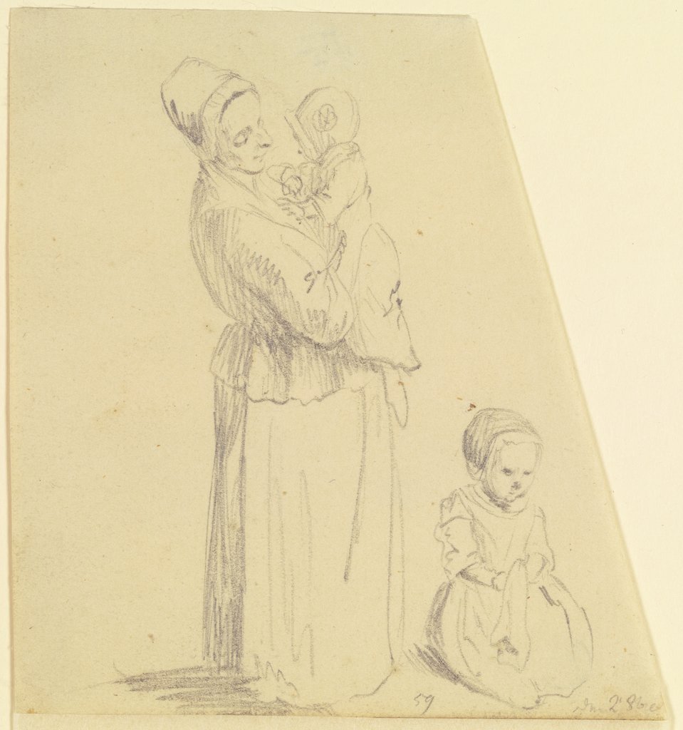 Eine Frau mit einem Kind auf dem Arm im Profil nach rechts, rechts neben ihr am Boden sitzend ein zweites Kind, leicht nach rechts gewandt, Daniel Chodowiecki