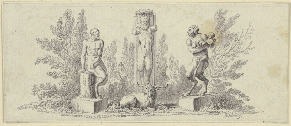 Pan und Paniskin mit Kind, Bildwerken gleich um eine ithyphallische Panherme gruppiert, vor der ein Ziegenbock ruht, Daniel Chodowiecki