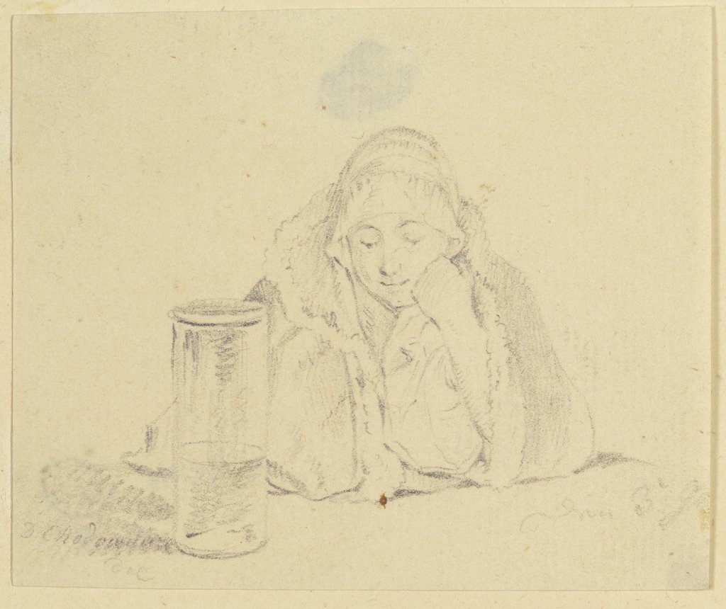 Am Tisch vor einem halb befüllten Glasgefäß sitzende Frau, Daniel Chodowiecki