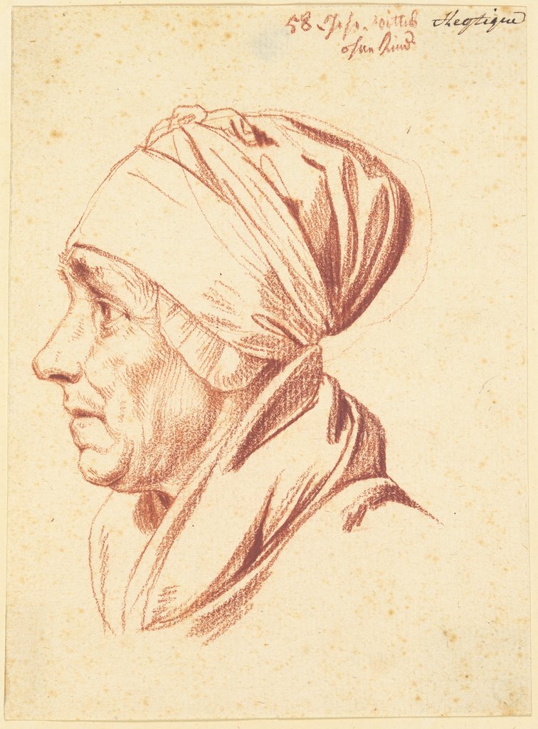 Kopf einer älteren Frau mit Kopftuch im Profil nach links, Daniel Chodowiecki