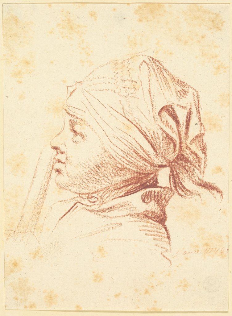 Kopf eines jungen Mannes mit Kopftuch, einen Stab an den Mund haltend, im Profil nach, Daniel Chodowiecki