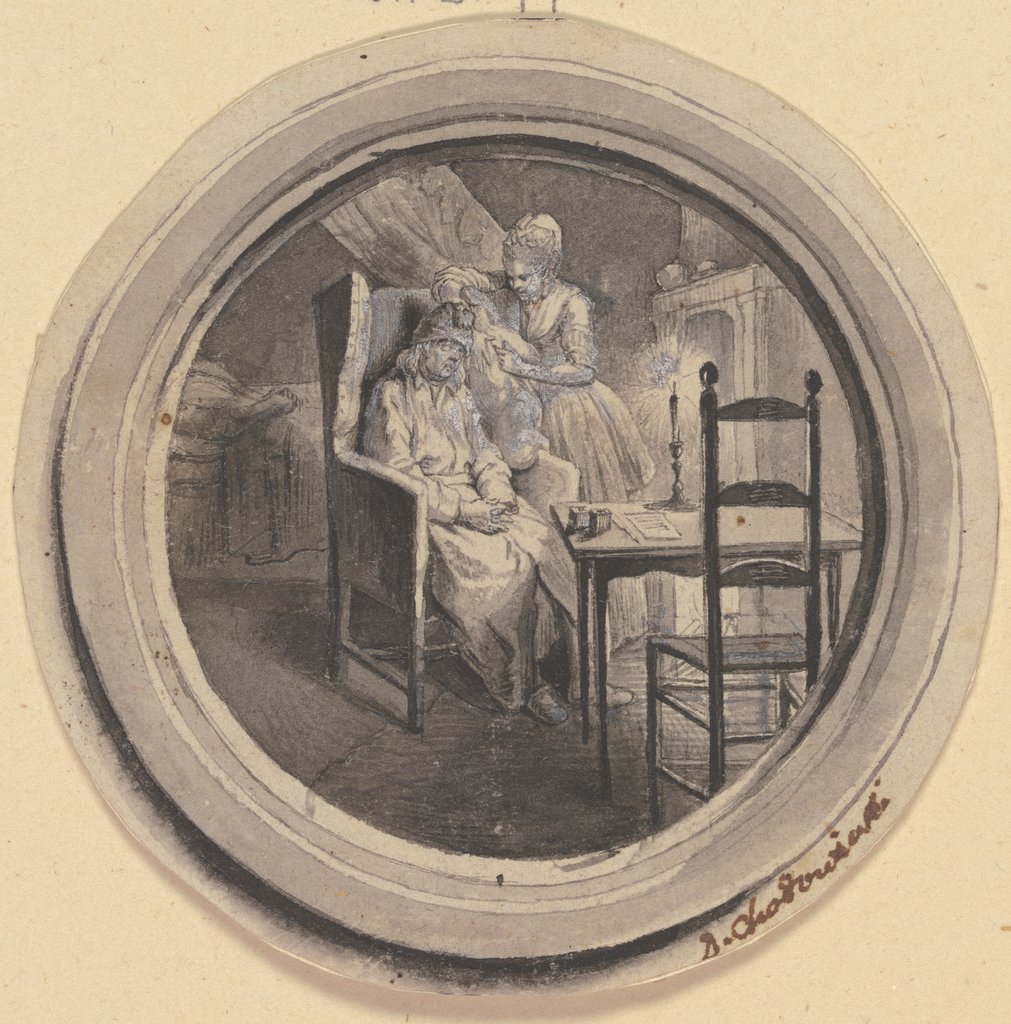 Ein alter Mann im Schlafrock sitzt zusammengesunken im Lehnstuhl, Daniel Chodowiecki
