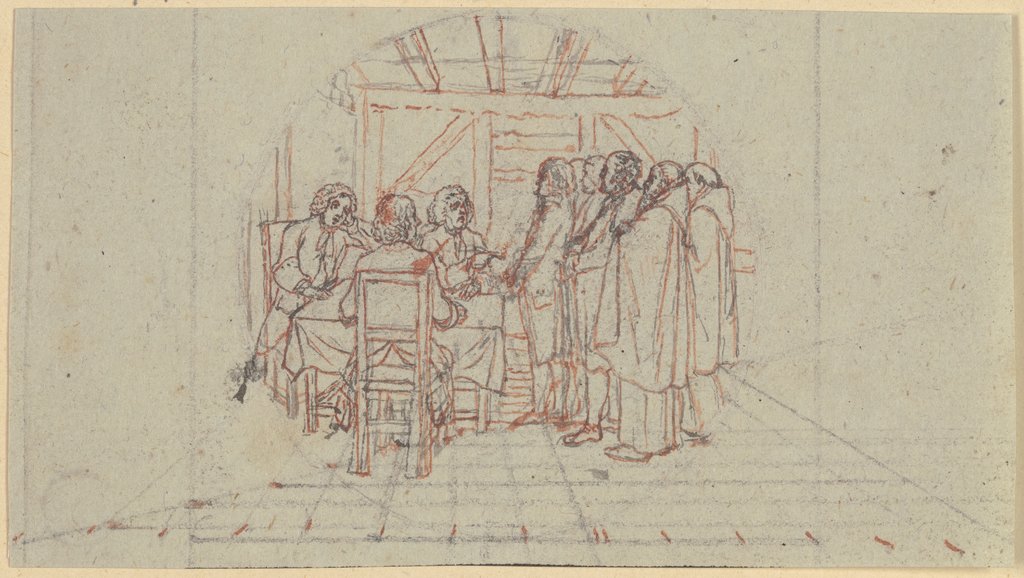 In einem einfachen Raum sitzen links an einem Tisch drei Richter (Märterer der Wahrheit), Daniel Chodowiecki