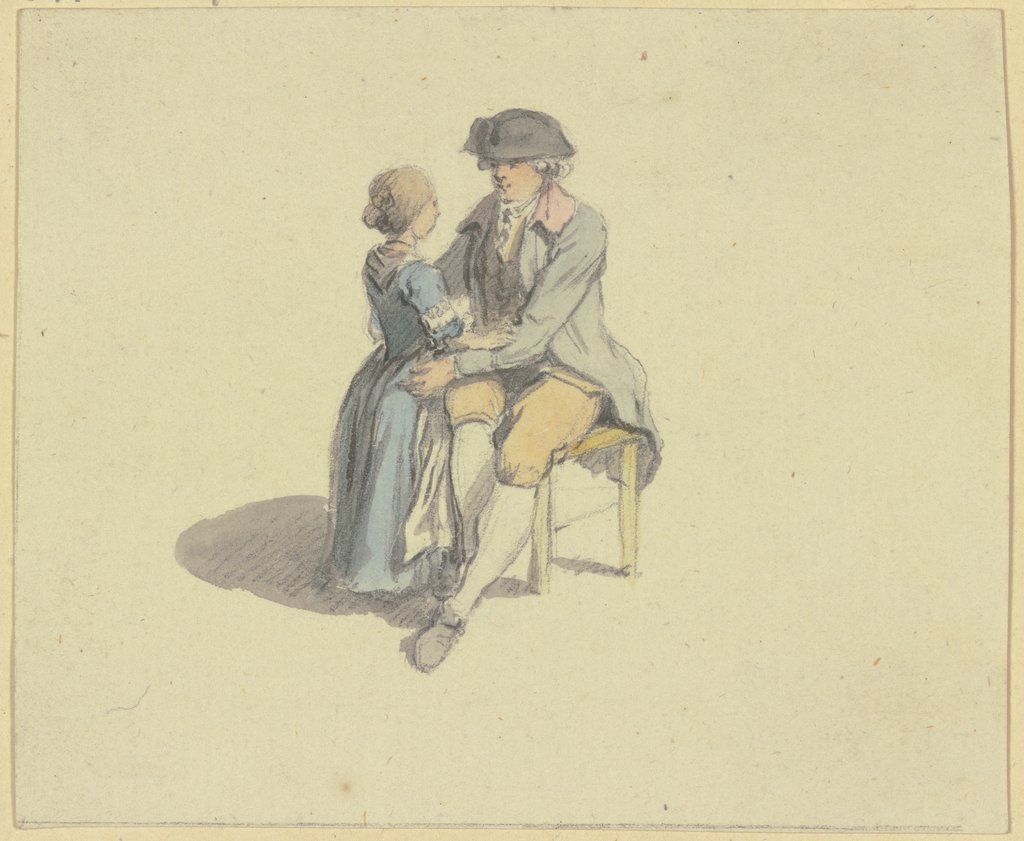 Ein Mann auf einem Stuhl sitzend in Unterhaltung mit einem Mädchen, Johann Ludwig Aberli