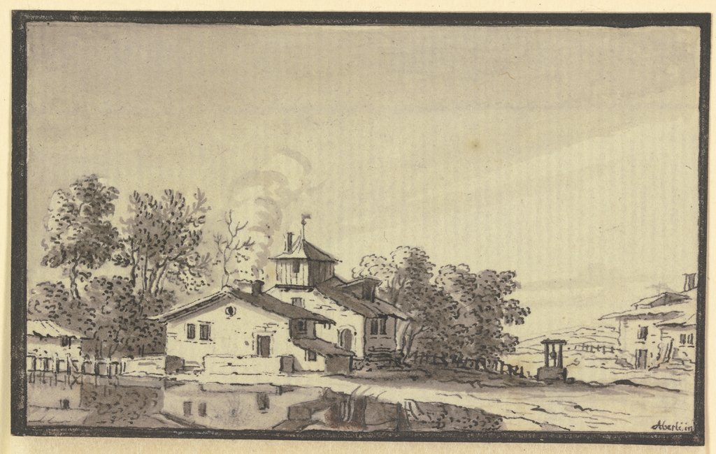 Bauernhof, von Bäumen umgeben, am Ufer eines Teiches, Johann Ludwig Aberli