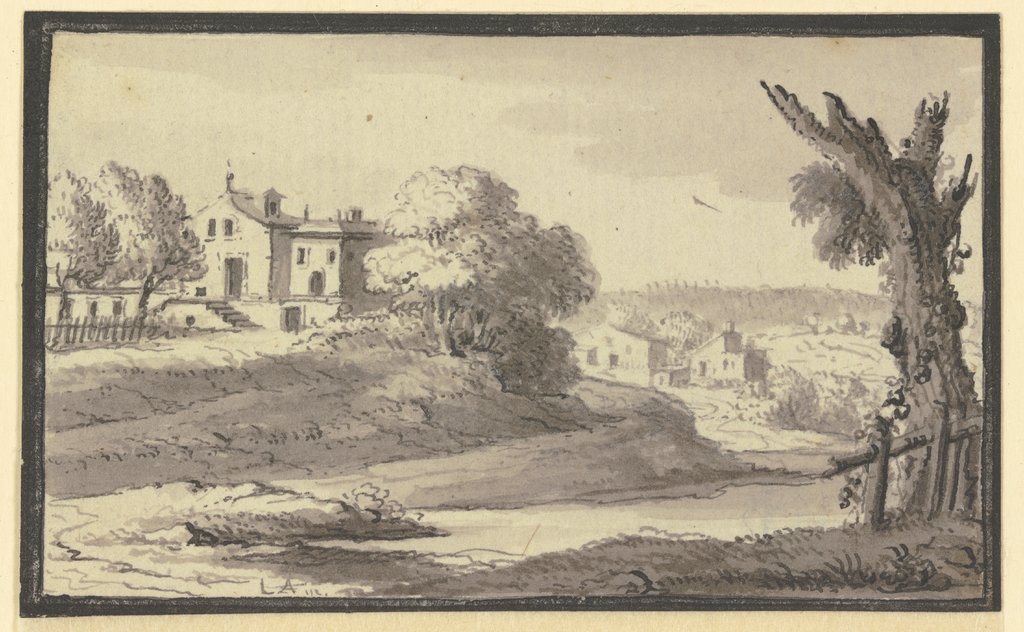 Landschaft mit Häusern auf einem Hügel am Wasser, Johann Ludwig Aberli