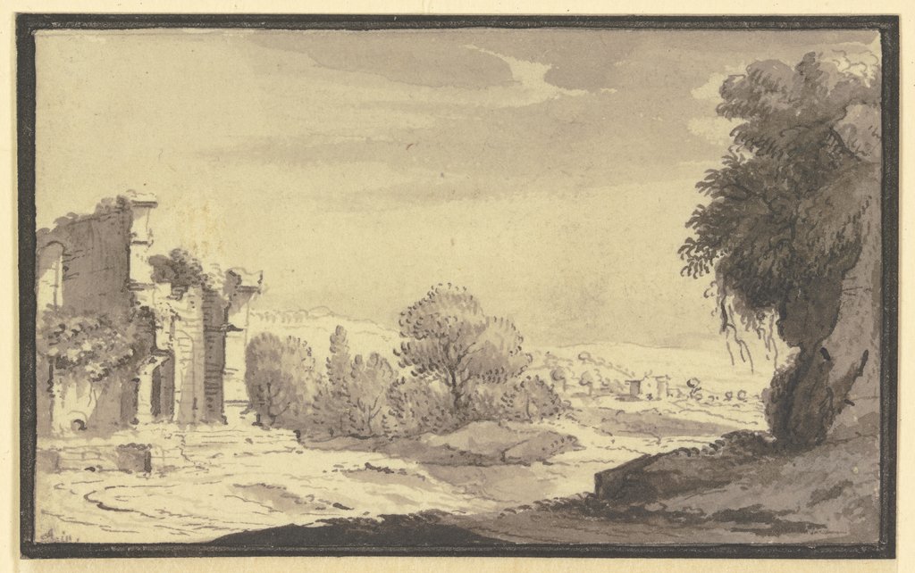 Landschaft mit einer Ruine links im Vordergrund, Johann Ludwig Aberli