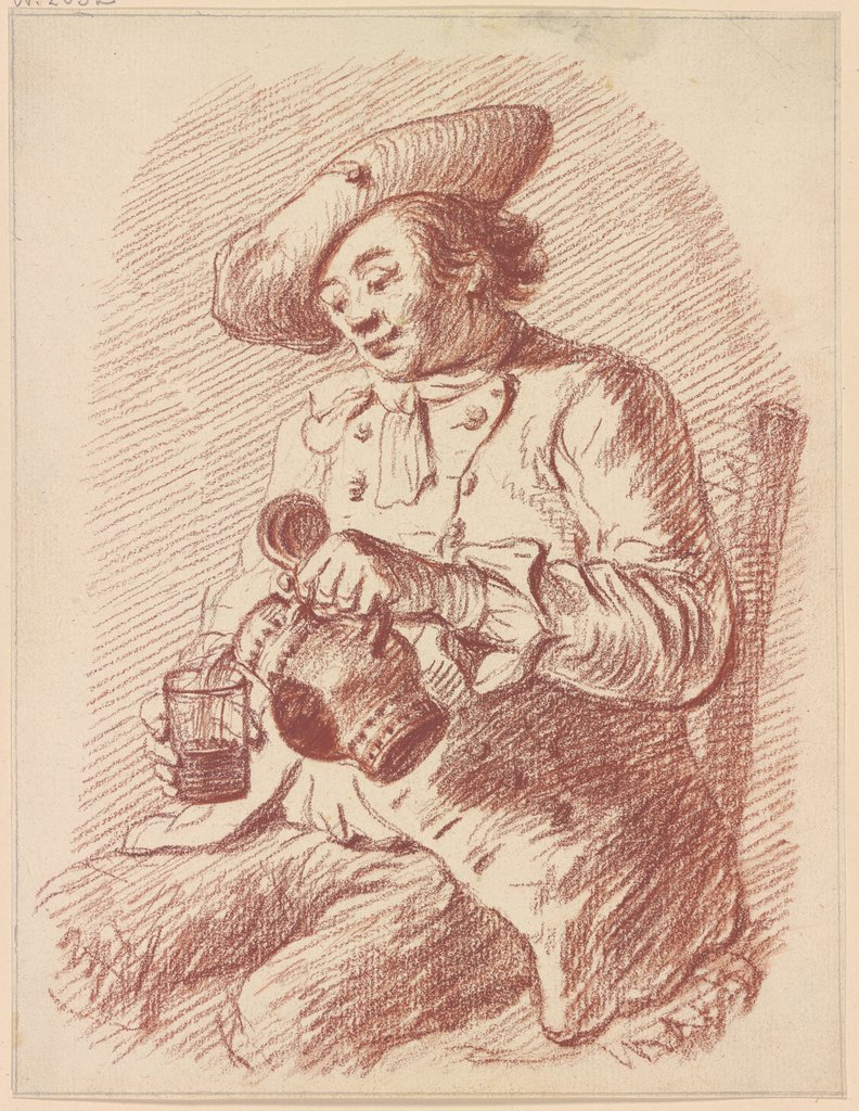 Sitzender Mann, aus einem Krug in ein Glas einschenkend, Friedrich Wilhelm Hirt