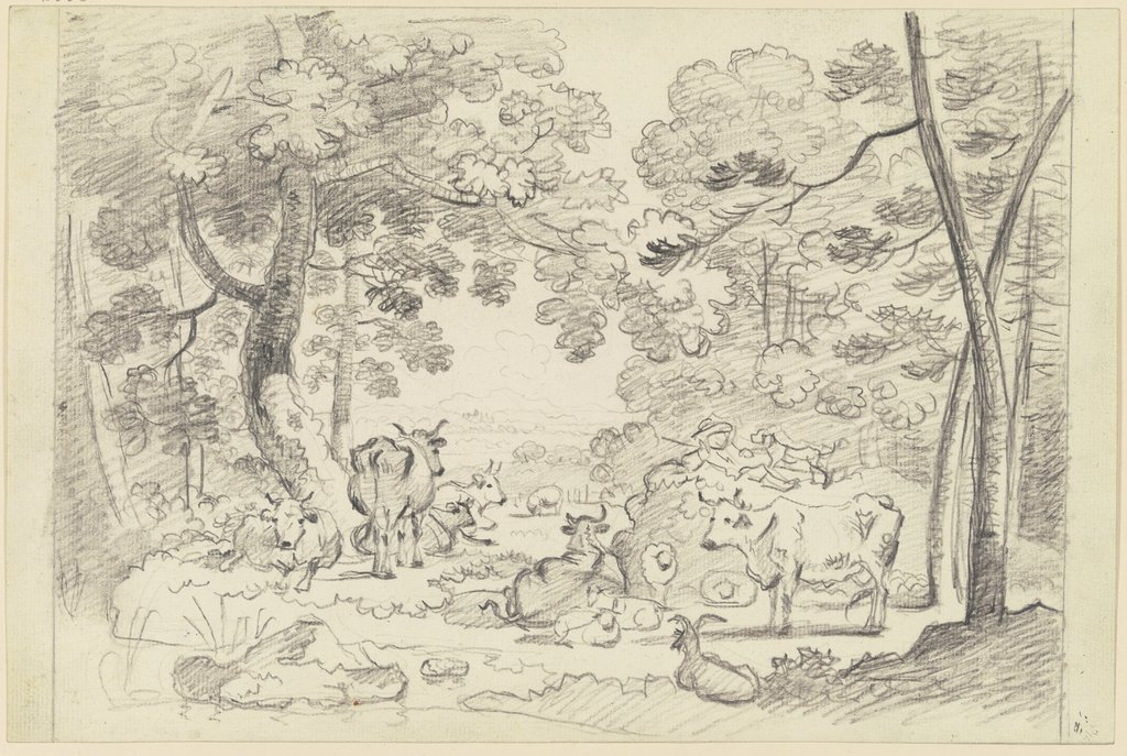 Herde von Kühen und Schafen im Wald, Friedrich Wilhelm Hirt