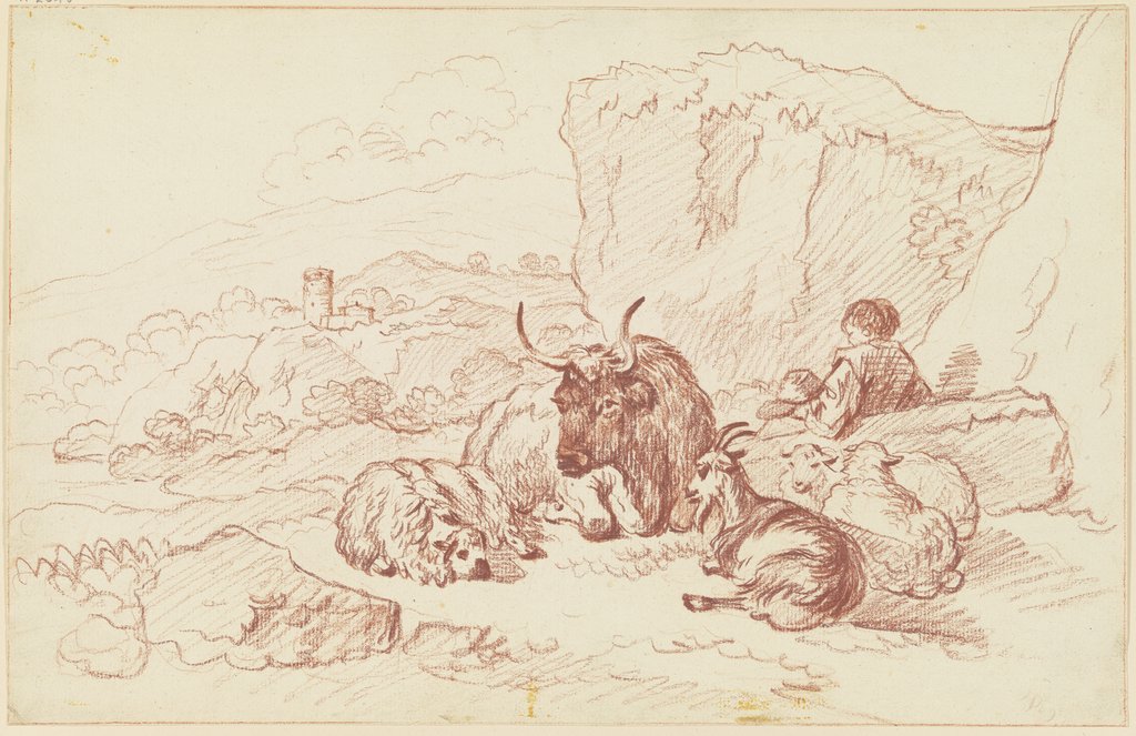 Hirtenknabe bei einem Ochsen, einer Ziege und drei Schafen, Friedrich Wilhelm Hirt