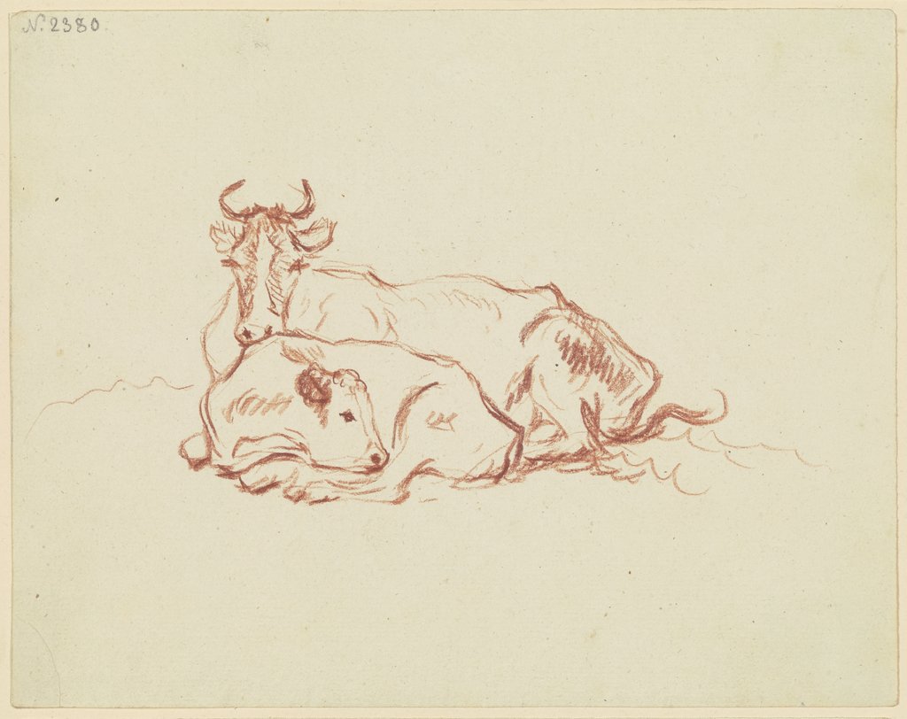 Stehende Kuh nach links mit schlafendem Kalb, Friedrich Wilhelm Hirt