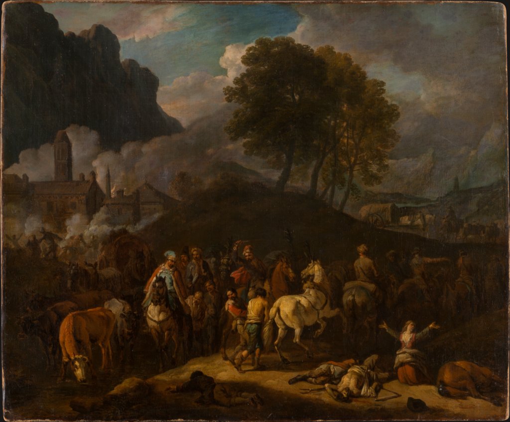 Soldaten ziehen nach der Plünderung einer Stadt ab, Pieter van Bloemen