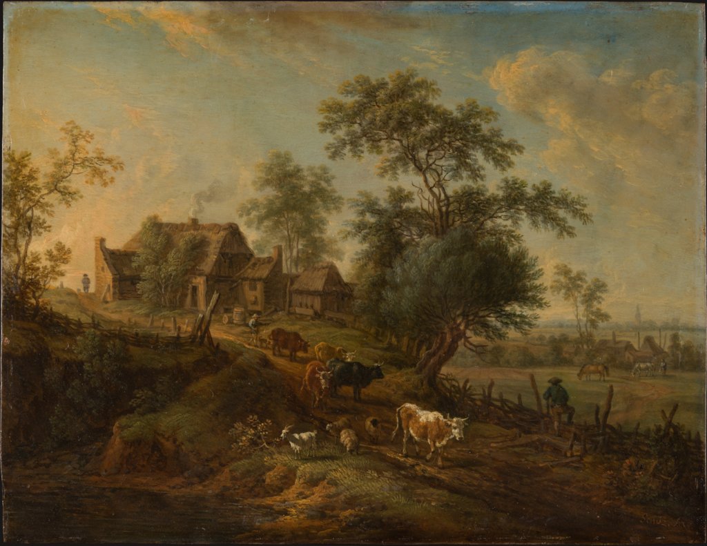 Landschaft mit Tieren auf einer Dorfstraße, Christian Georg Schütz d. Ä.