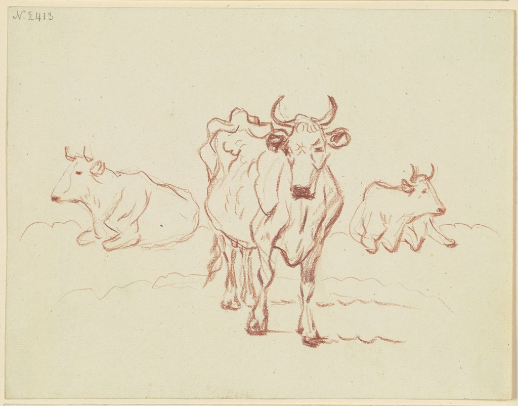 Drei Rinder, die äußeren liegend, das mittlere auf den Betrachter zuschreitend, Friedrich Wilhelm Hirt