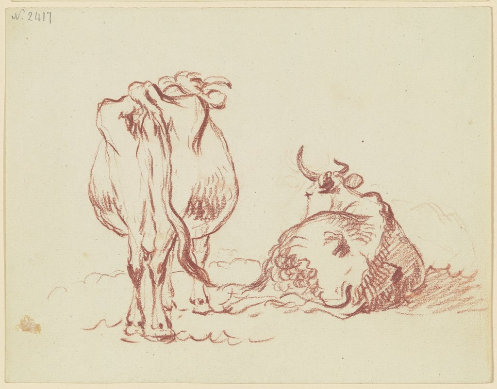Zwei Rinder, eines stehend, eines liegend, beide rückansichtig, das liegende in starker Verkürzung, Friedrich Wilhelm Hirt