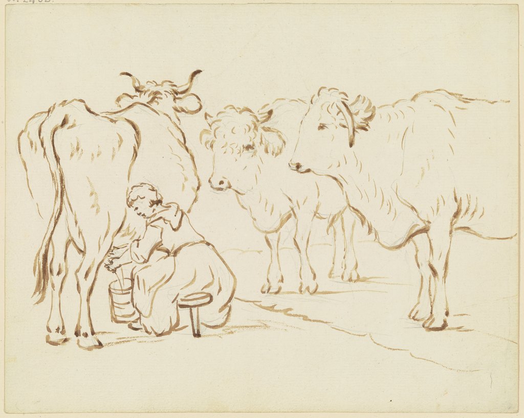 Eine Magd melkt eine Kuh, zwei Ochsen sehen zu, Friedrich Wilhelm Hirt