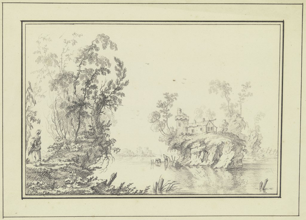 Ein Fluß, darin eine Felseninsel mit Turm, Haus und Bäumen, Johann Wilhelm Becker