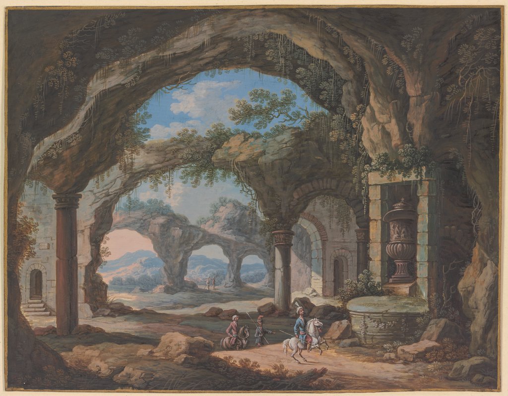Inneres einer säulengestützten Grotte, darin in einer Nische eine große Vase, Carl Sebastian von Bemmel