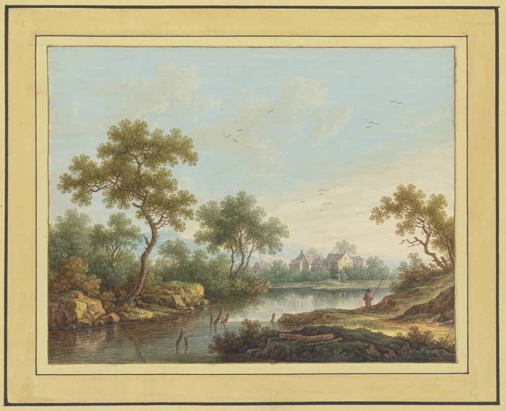 Landschaft mit einem Fluß, an dessen von Bäumen bestandenem Ufer rechts ein Angler steht, Carl Sebastian von Bemmel
