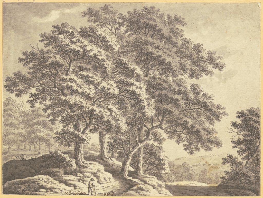 Hügelige Waldlandschaft mit einem Wanderer im Vordergrund, Johann Heinrich Bleuler