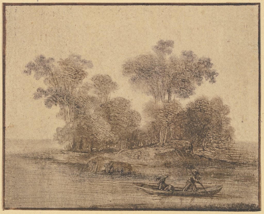Ein Kahn mit einem stehenden und einem sitzenden Mann vor einer bewaldeten Insel, Benjamin Calau