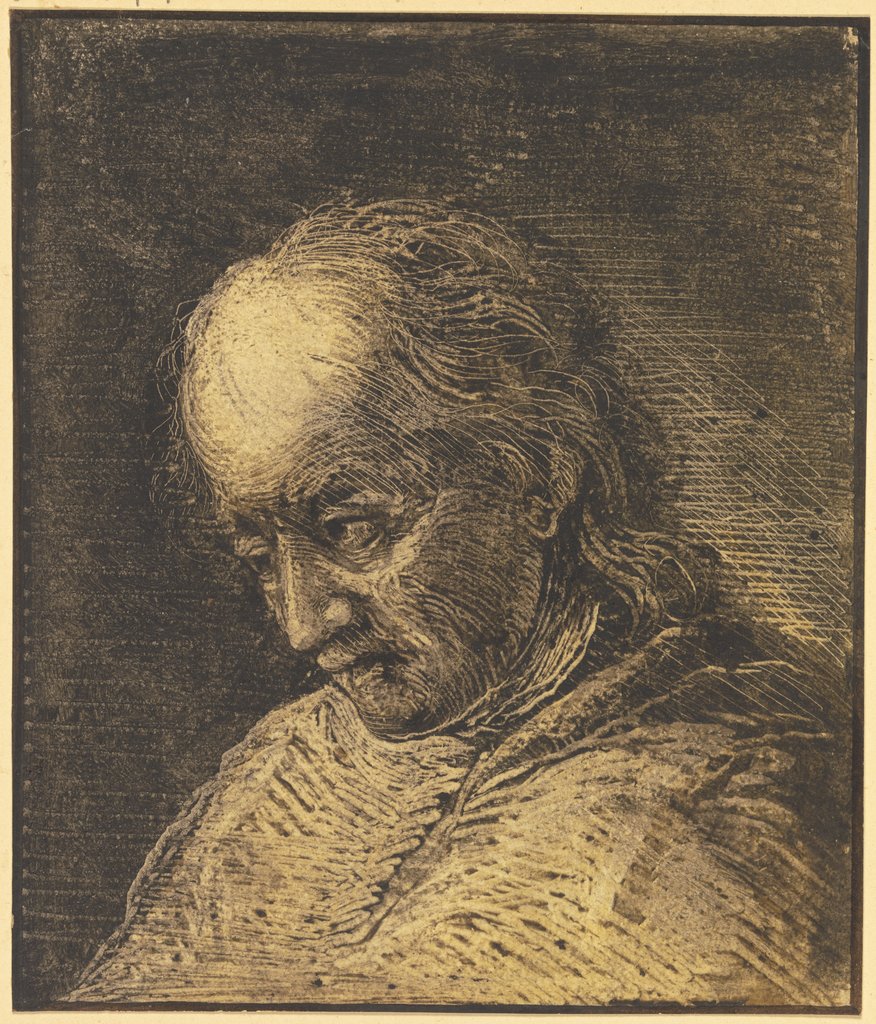Brustbild eines bartlosen Mannes mit gesenktem Kopf nach links, Benjamin Calau