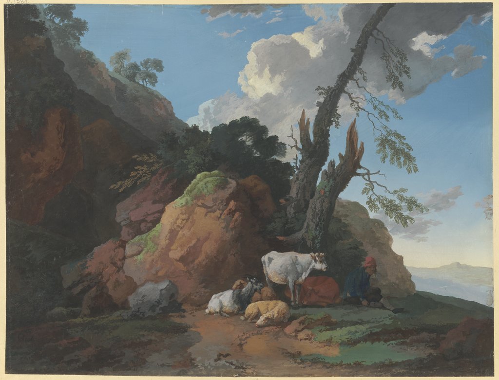 Felsige Gegend mit einem Hirten, zwei Kühen, zwei Schafen und einer Ziege, Christian Wilhelm Ernst Dietrich