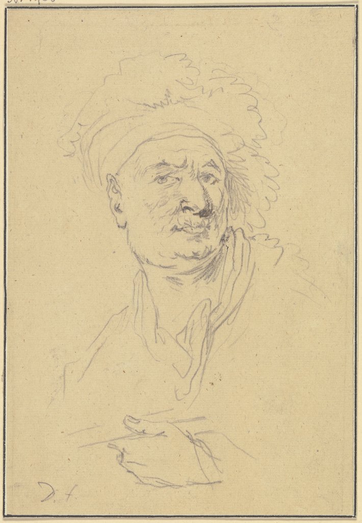 Brustbild eines Mannes mit Mütze, die linke Hand vor die Brust haltend (Selbstbildnis?), Christian Wilhelm Ernst Dietrich