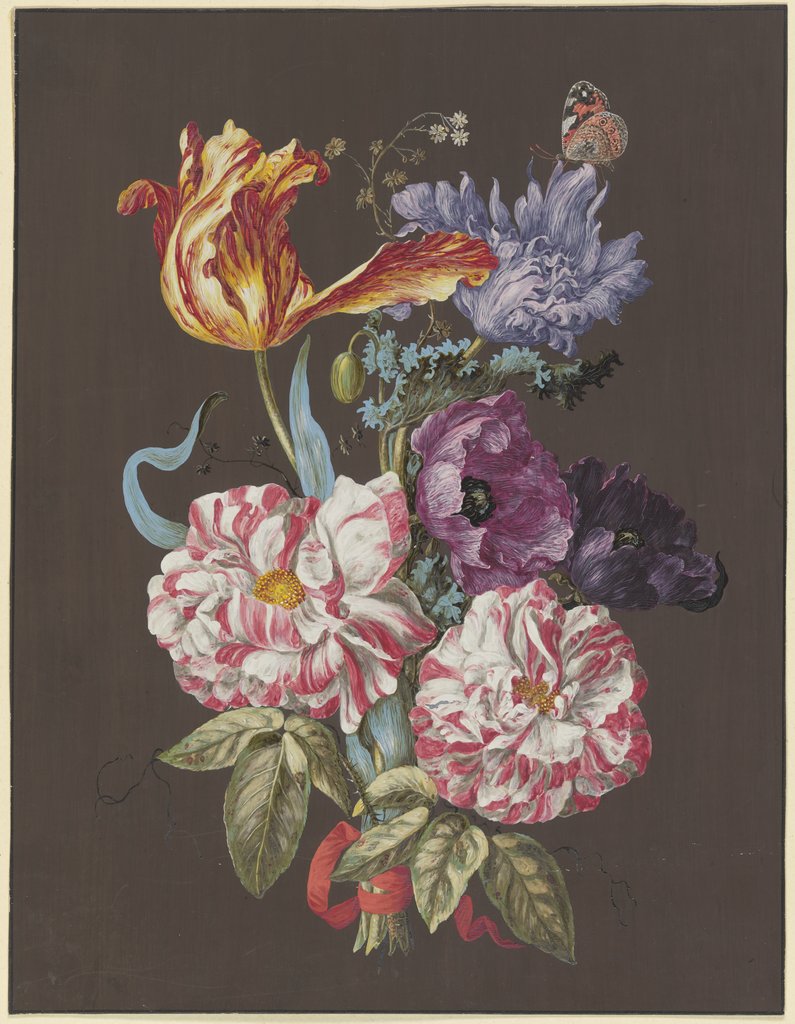 Blumengebinde mit Rosen (Rosa), Tulpen (Tulipa), Mohn (Papaver) und anderen Blumen, mit Admiral, Unknown, 18th century