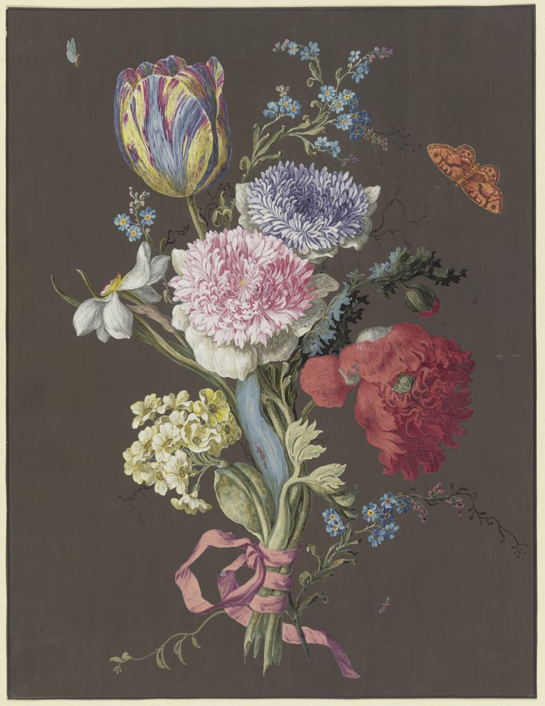 Blumengebinde aus Anemonen (Anemona), Tulpe (Tulipa), Mohn(Papaver), Narzisse (Narcissus) und Aurikel (Primula auricula) mit braunem Schmetterling, Unbekannt, 18. Jahrhundert